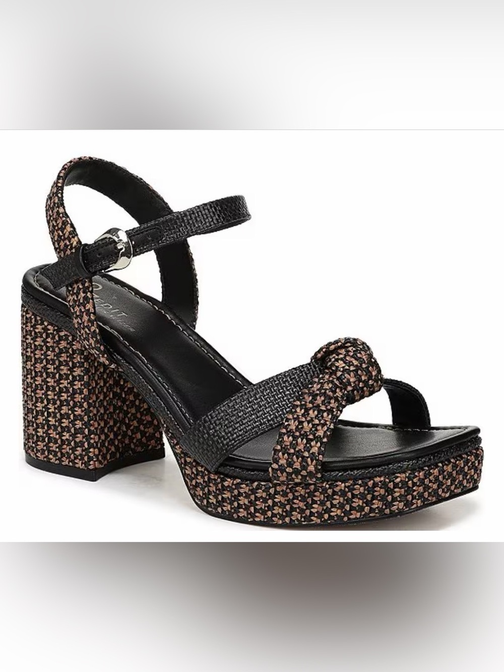 27 Edit by Naturalizer Peyton Raffia Sandals in Black and Tan with Block Heel